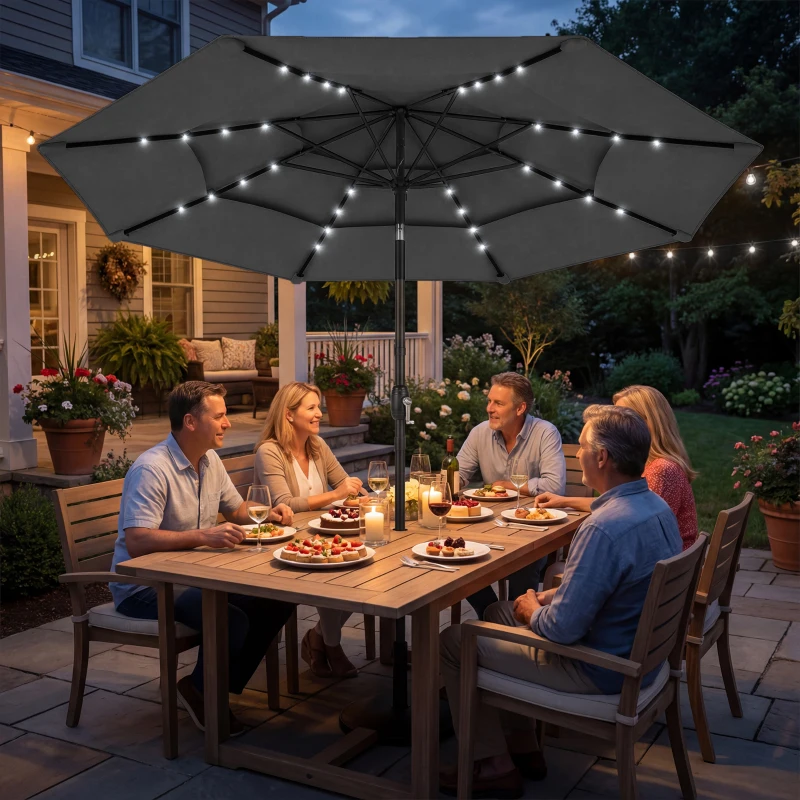 Outsunny 9.7 ft Outdoor Patio Umbrella with Solar LED Lights, 3 Tier Outdoor Table Umbrella with Tilt, Crank, Black