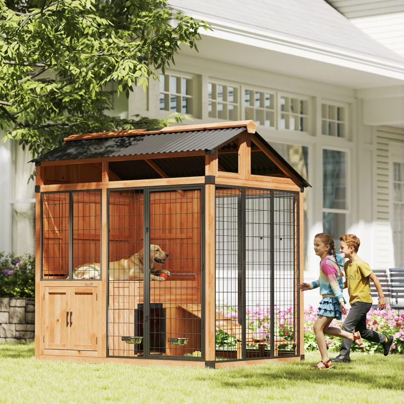 PawHut 7' x 5' Extra Large Dog House, Wood Outdoor Dog Kennel with Platform, Storage Cabinet for Large Breeds, Yellow