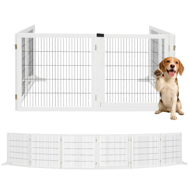 PawHut Wooden Pet Gate, 6-Panel Folding Dog Safety Barrier with Support Feet for Small & Medium Dogs, White
