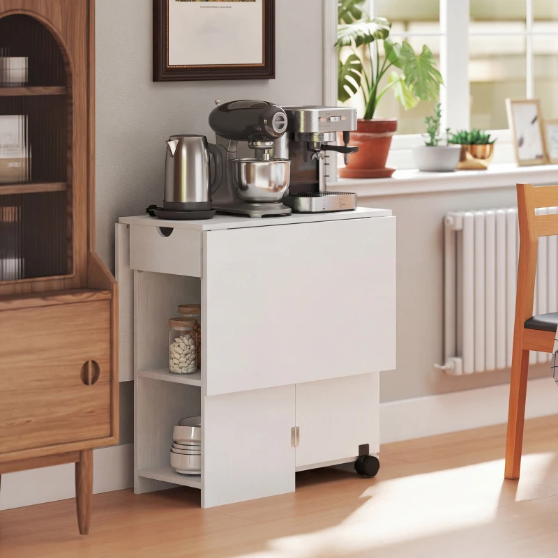 HOMCOM Folding Dining Table with Storage, Drop Leaf Kitchen Table with Drawer and Shelves for Small Spaces, White