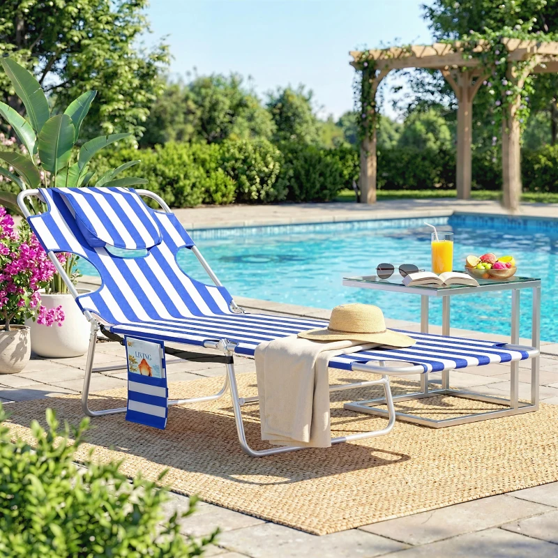 Outsunny Tanning Chair with Face Hole, 5-Level Adjustable Outdoor Chaise Lounge Chair with Pillow for Beach, Pool, Blue Stripes