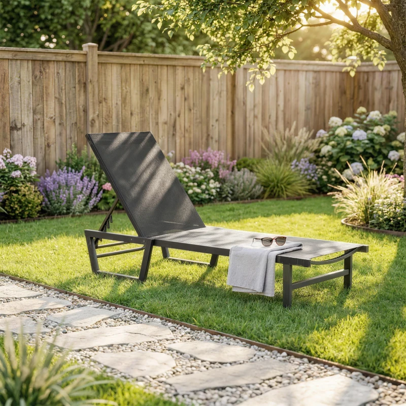Outsunny Lounge Chair Outdoor, 63 cm Wide Chaise Lounge Tanning Chair, 4-Position Outdoor Tanning Lounger, Dark Grey