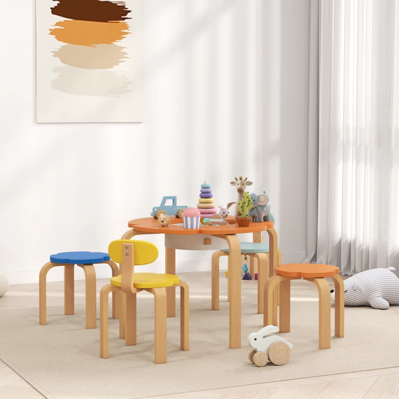 Qaba 5 Piece Kids Table and Chairs Set, Toddler Table and Chair Set with Built-in Storage, for Nursery, Living Room, Playroom