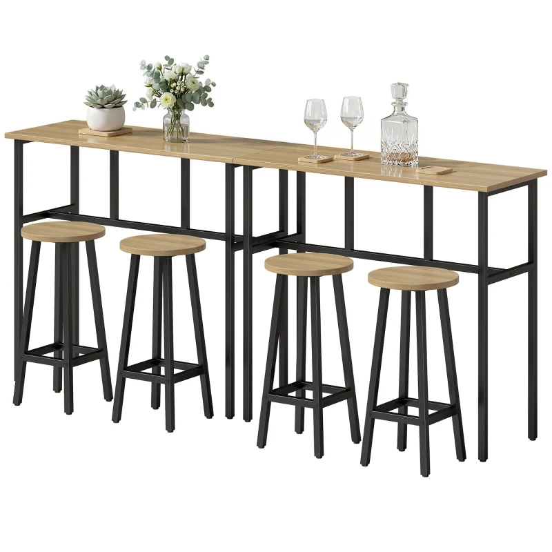 HOMCOM Bar Table Set of 6, Bar Table and Stools for 4, 2 Breakfast Tables and 4 Stools for Living Room, Grey-Brown