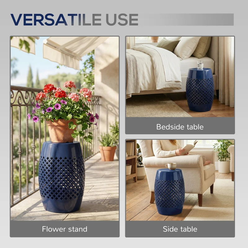 Outsunny 12" Steel Patio End Table, Round Hollow Drum Side Table, Accent Table for Indoor and Outdoor, Navy Blue