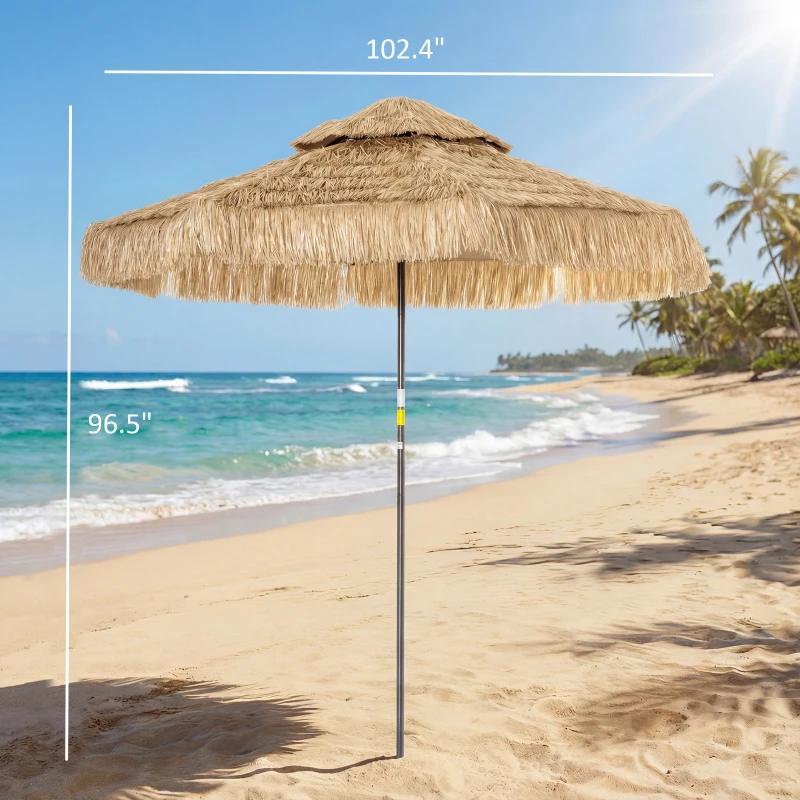 Outsunny 8.5 FT Hula Thatched Tiki Patio Umbrella, 2-Tier Tropical Hawaiian Style Outdoor Umbrella with 8 Ribs, UPF30+, Khaki