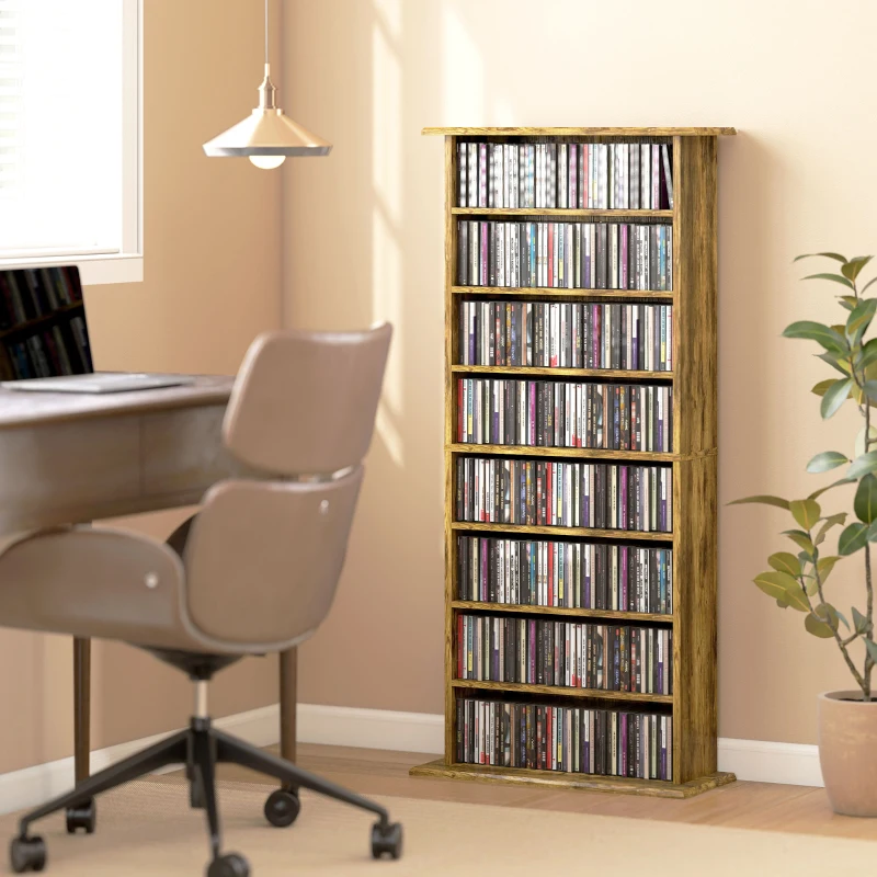 HOMCOM 8-Tier DVD Shelf with 6 Adjustable Shelves, Slim CD Shelf, Holds 360 CDs, 185 DVDs or 185 Blu-rays, Rustic Brown
