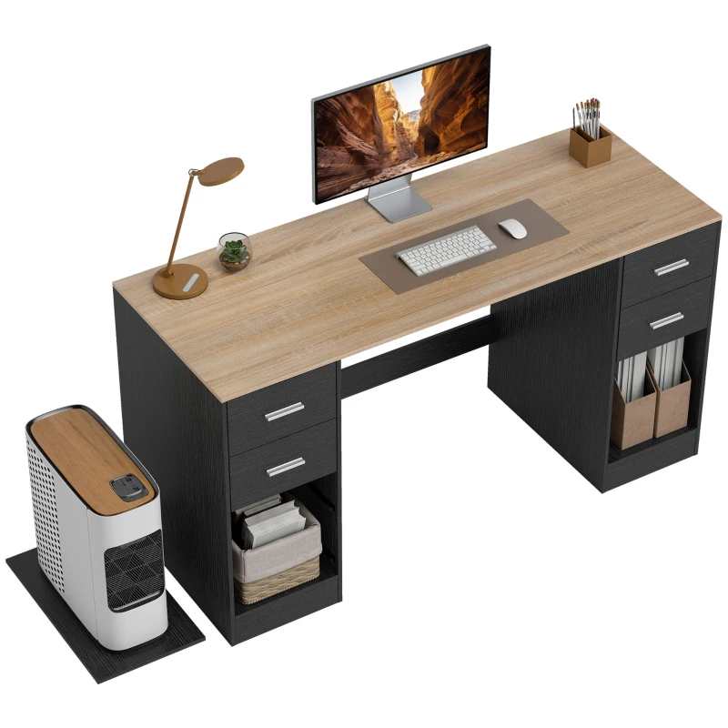 HOMCOM Office Desk, 55" Computer Desk with 4 Reversible Drawers, Mobile PC Stand, Adjustable Shelf, Black Wood Grain