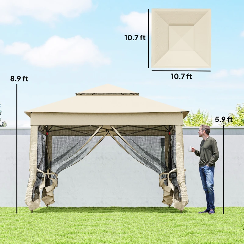 Outsunny Outdoor Patio Pop Up Canopy Gazebo Shelter with Zipper Netting, Carry Bag, 11' x 11', Beige