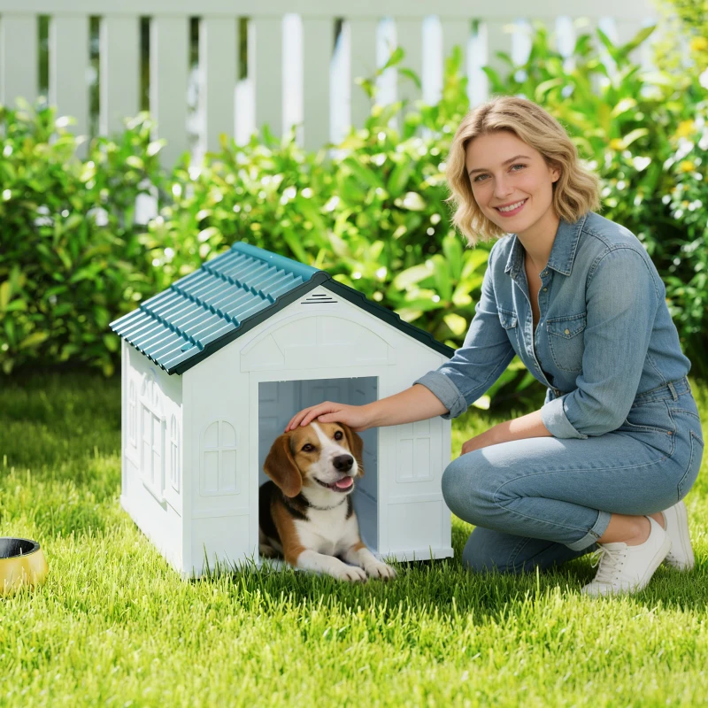 PawHut Plastic Dog House for Medium and Small Dogs, Water Resistant Puppy Shelter Indoor Outdoor with Door, Easy to Assemble, Blue