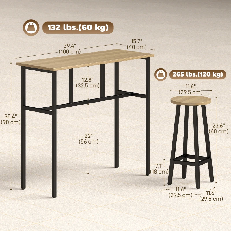 HOMCOM Bar Table Set of 6, Bar Table and Stools for 4, 2 Breakfast Tables and 4 Stools for Living Room, Grey-Brown