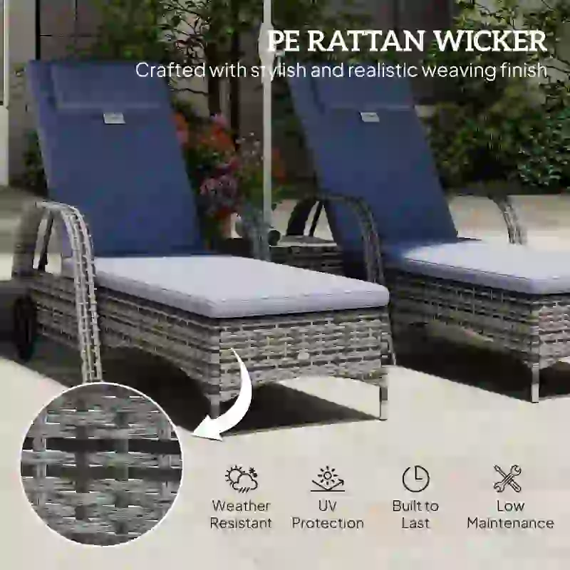Outsunny 3 Pieces Wicker Patio Lounger Set with Table, PE Rattan Outdoor Lounge Chair Set with Cushions, Wheels, 5-Level Reclining Backrest, Headrest, Grey