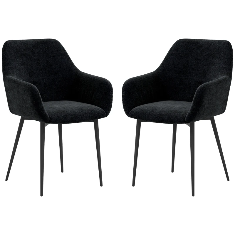 HOMCOM Dining Chairs Set of 2, Velvet-look Fabric Upholstered Kitchen Chairs with Backrest, Armrests and Steel Legs, Black