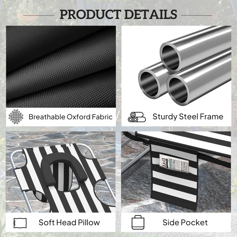 Outsunny Tanning Chair with Face Hole, 5-Level Adjustable Outdoor Chaise Lounge Chair with Pillow for Beach, Pool, Black Stripe