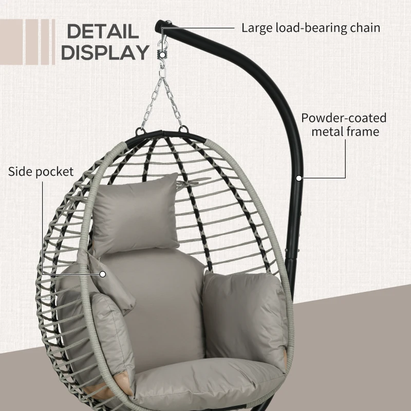 Outsunny Outdoor Hanging Egg Chair with Thick Padded Cushion, Patio Swing Chair, Grey