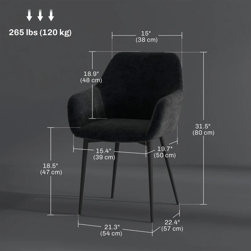 HOMCOM Dining Chairs Set of 2, Velvet-look Fabric Upholstered Kitchen Chairs with Backrest, Armrests and Steel Legs, Black