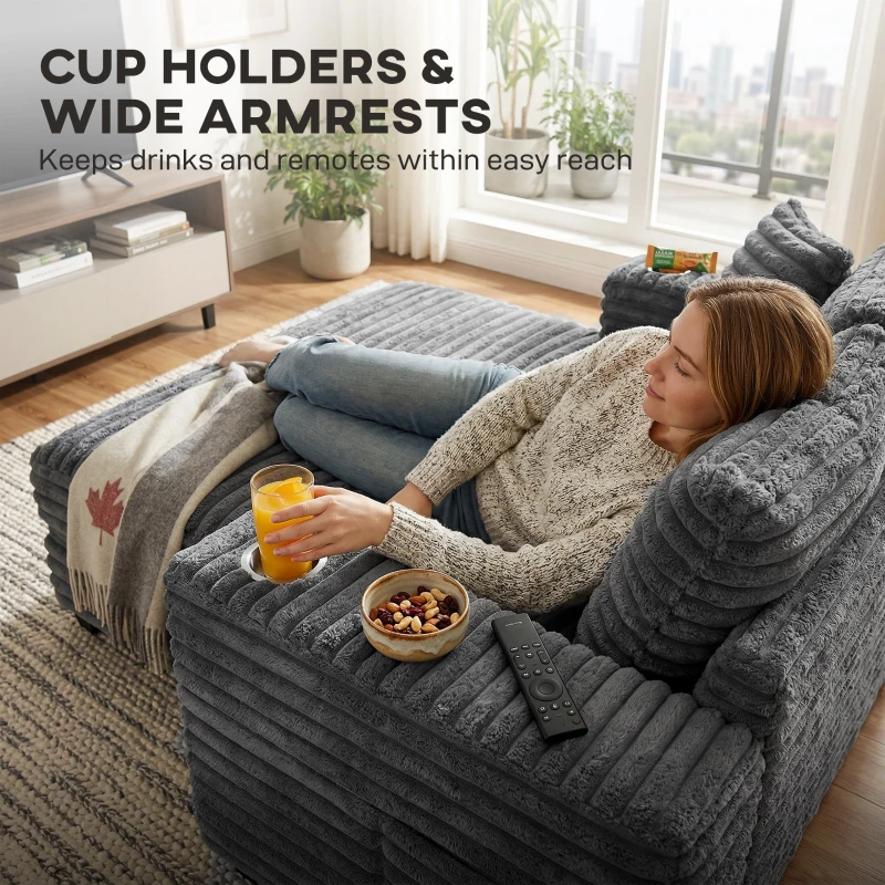 HOMCOM 60" Chaise Lounge Chair, Oversized Upholstered Sofa Bed with Cup Holders & Pillows, Sleeper Couch for Living Room, Grey