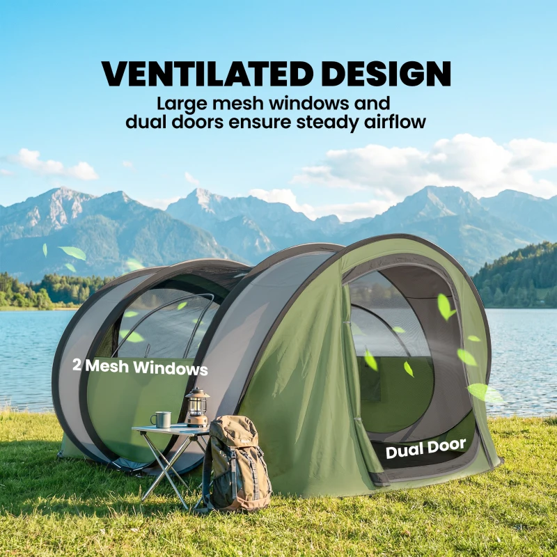 Outsunny Family Tent  Pop-Up Camping Tent with 2 Doors 2 Windows for 4-5 Person Waterproof Green