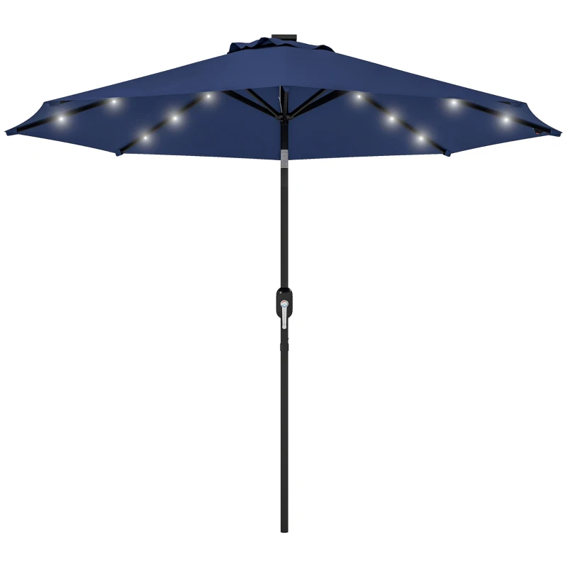 Outsunny 9ft Solar Patio Umbrella Outdoor Sunshade 24 LED Lights Tilt Canopy Navy Blue