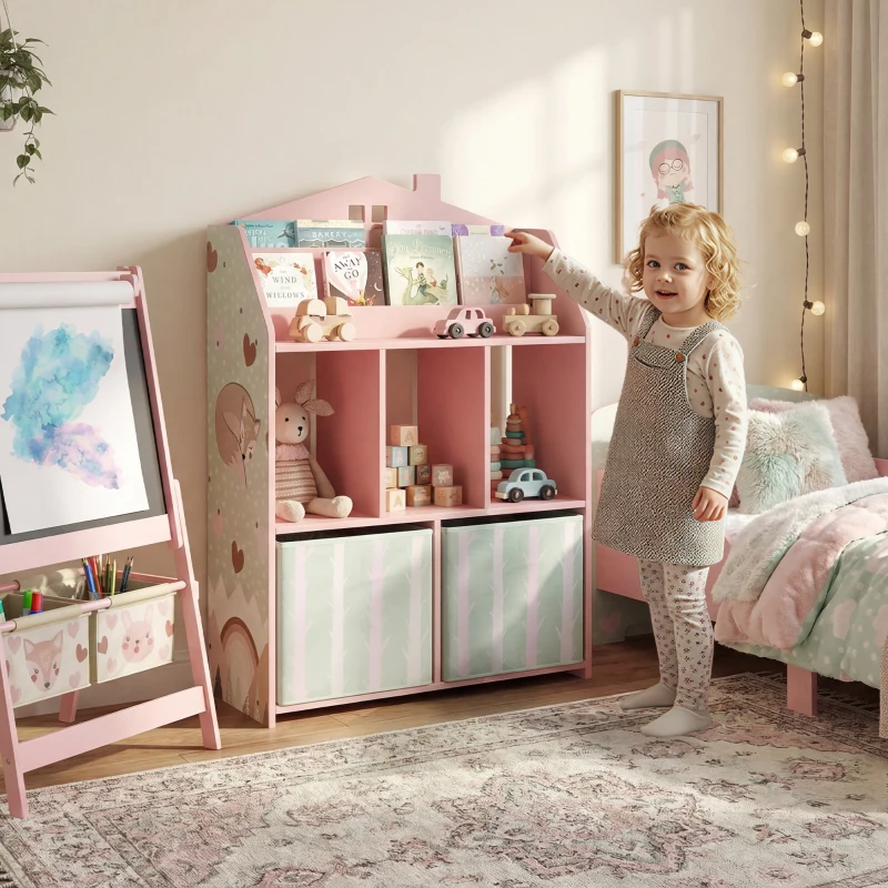 Qaba Kids Bookshelf with Storage, Toy Storage Unit with Book Display, Shelves and Fabric Drawers for Playroom Nursery, Pink