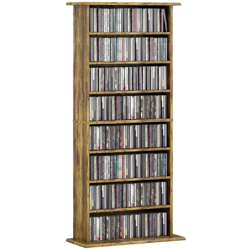 HOMCOM 8-Tier DVD Shelf with 6 Adjustable Shelves, Slim CD Shelf, Holds 360 CDs, 185 DVDs or 185 Blu-rays, Rustic Brown
