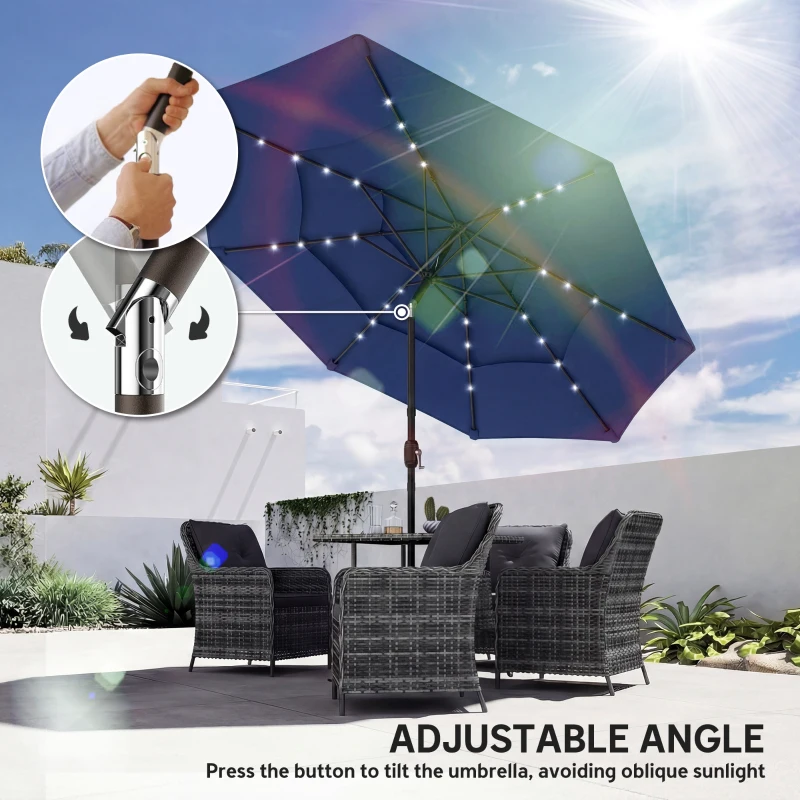 Outsunny 9.7 ft Outdoor Patio Umbrella with Solar LED Lights, 3 Tier Outdoor Table Umbrella with Tilt, Crank, Navy Blue