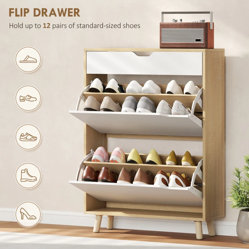 HOMCOM Narrow Shoe Cabinet for Entryway with 2 Flip Drawers, Top Drawer and Adjustable Shelves for 12 Pairs of Shoes, White