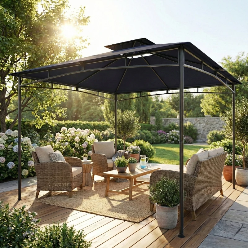 Outsunny 10' x 10' Gazebo, Soft Top Outdoor Gazebo with 2-Tier Roof, Metal Frame, Navy Blue