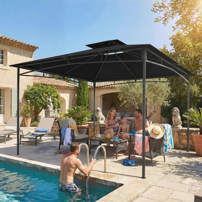 Outsunny 10' x 10' Gazebo, Soft Top Outdoor Gazebo with 2-Tier Roof, Metal Frame, Black