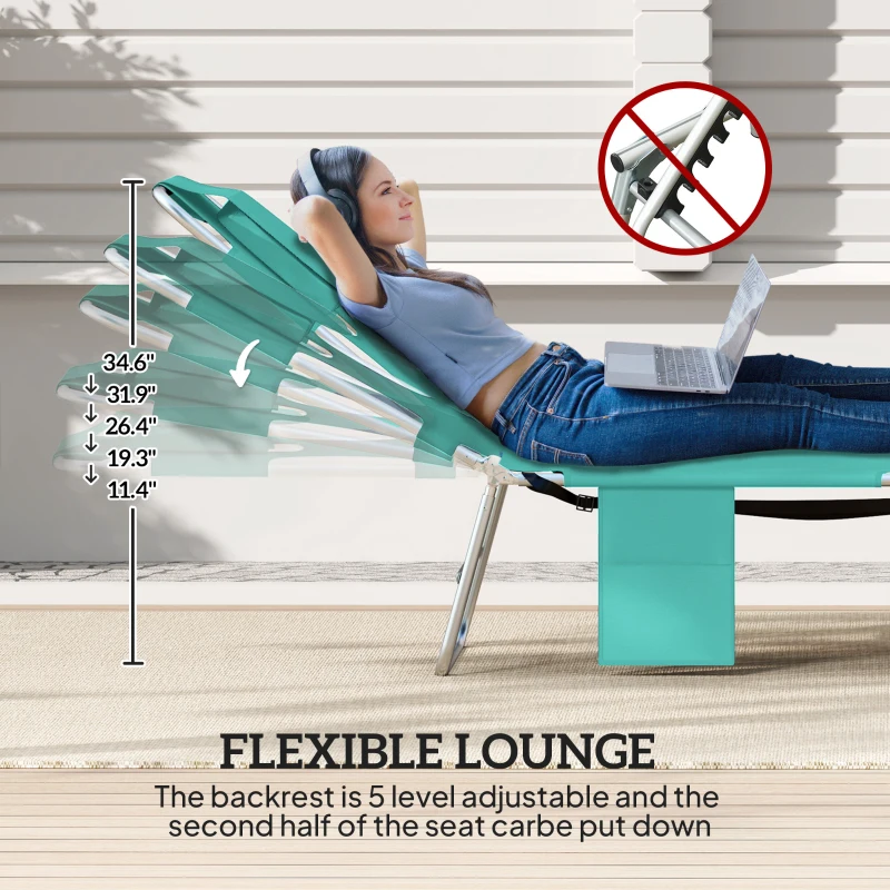 Outsunny Tanning Chair with Face Hole, 5-Level Adjustable Outdoor Chaise Lounge Chair with Pillow for Beach, Pool, Light Green