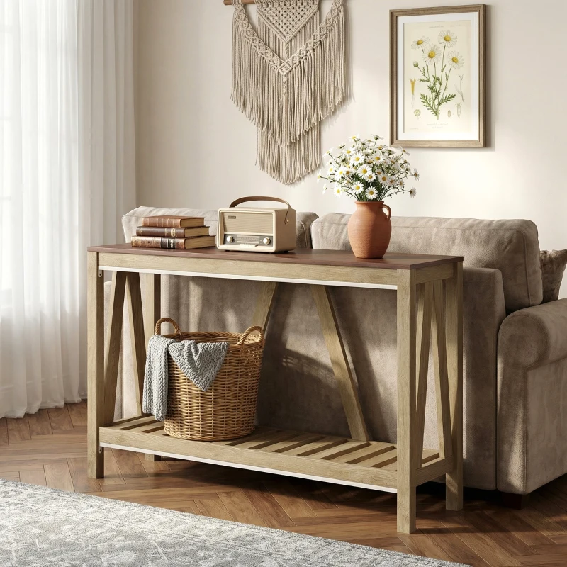 HOMCOM 52" Console Table, Farmhouse Narrow Entryway Table with Storage Shelf, Rustic Sofa Table with Anti-tipper for Living Room and Hallway, Oak