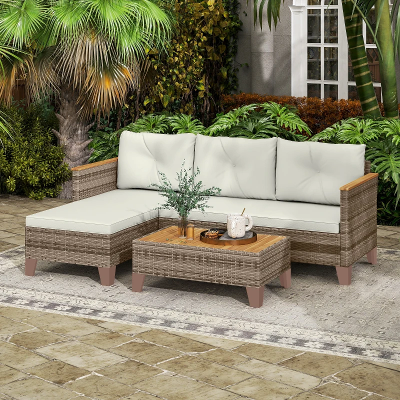 Outsunny 3 Piece Patio Furniture Set, L-Shaped Outdoor Furniture Conversation Set with Wood Top Coffee Table, Cream