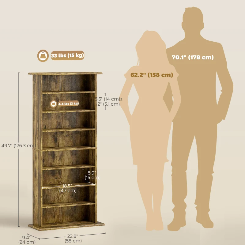 HOMCOM 8-Tier DVD Shelf with 6 Adjustable Shelves, Slim CD Shelf, Holds 360 CDs, 185 DVDs or 185 Blu-rays, Rustic Brown