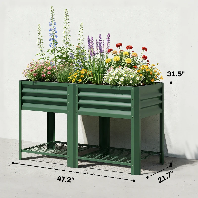 Outsunny Raised Garden Bed Galvanized Steel, Elevated Planter Box with Storage Shelf, Bed Liner, 31.5" High, Green
