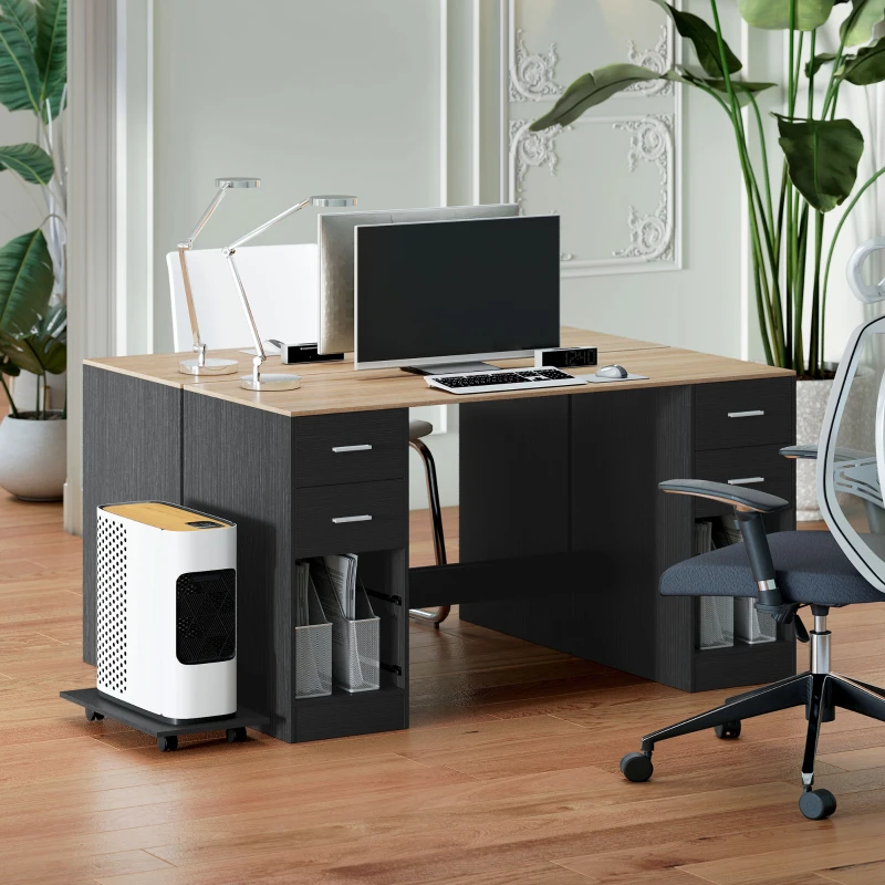 HOMCOM Office Desk, 55" Computer Desk with 4 Reversible Drawers, Mobile PC Stand, Adjustable Shelf, Black Wood Grain
