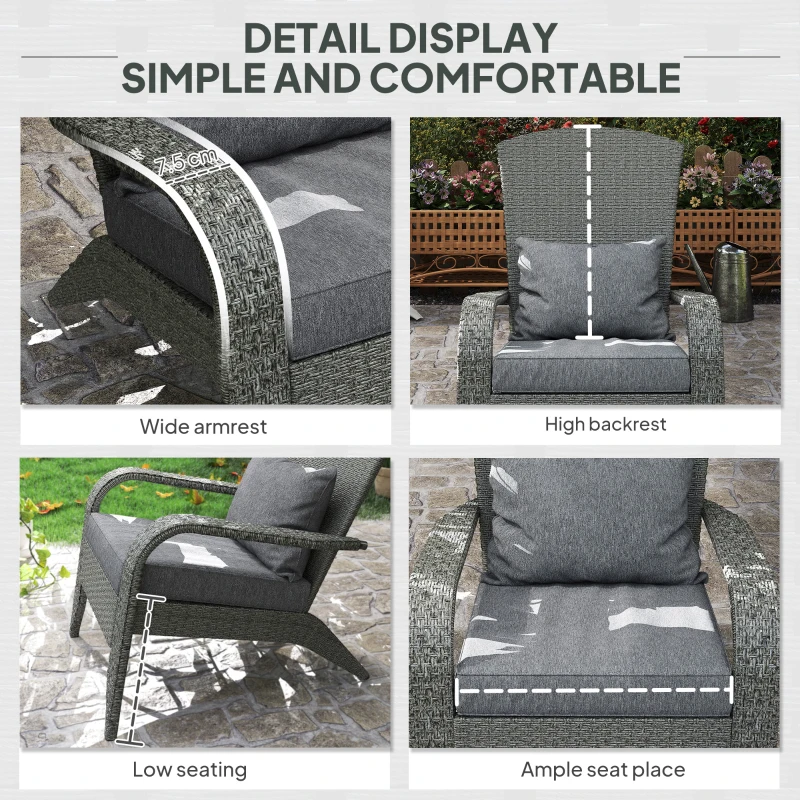 Outsunny Wicker Adirondack Chair, PE Rattan Outdoor Fire Pit Chair Muskoka Chair with Cushions, Heather Grey
