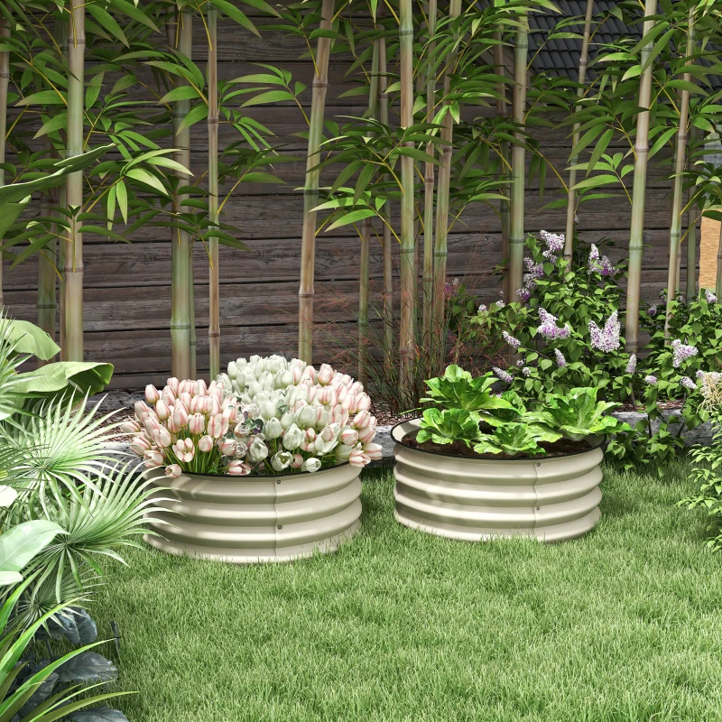 Outsunny Set of 2 Raised Garden Bed, Metal Planter Box with Safety Edging, Easy-to-assemble Stock Tank, Cream