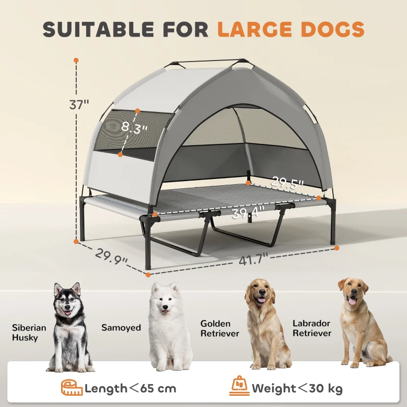 PawHut Elevated Dog Bed with Removable Canopy, Portable Outside Raised Pet Cot with Cooling Pad, Storage Bag, 42" x 30" x 37"