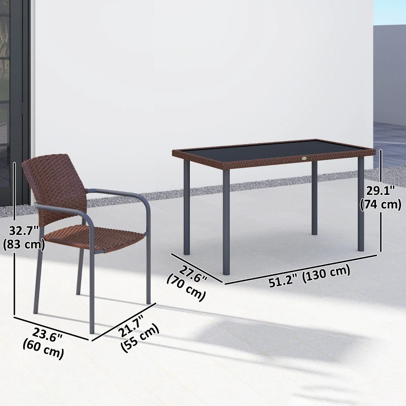 Outsunny 5 Pieces Outdoor Dining Set for 4, PE Wicker Rattan Patio Furniture Set with Stackable Chairs and Glass Table Top