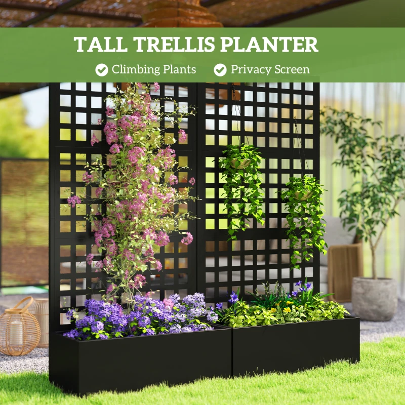 Outsunny Galvanized Raised Garden Bed Planter Box with Trellis for Climbing Plants, Vegetable, Vines, 35" x 16" x 70", Black