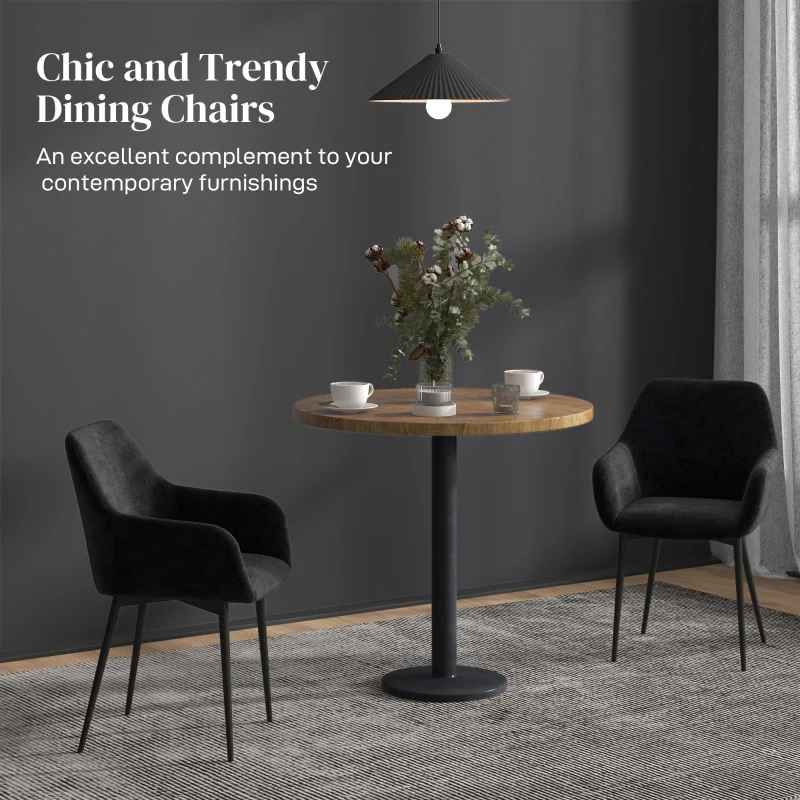 HOMCOM Dining Chairs Set of 2, Velvet-look Fabric Upholstered Kitchen Chairs with Backrest, Armrests and Steel Legs, Black