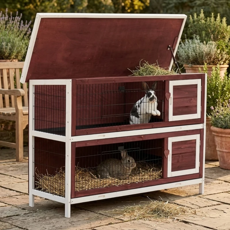 PawHut 54" 2-Story Weatherproof Stackable Elevated Wooden Rabbit Hutch with Enclosed Run and Pull-Out Trays