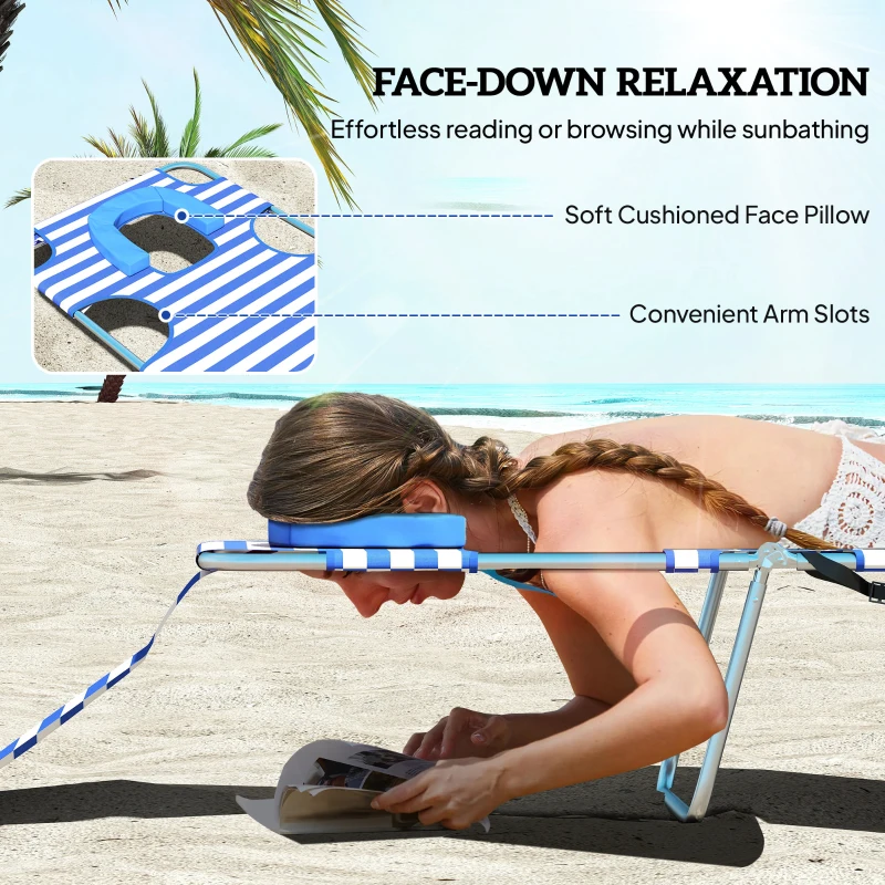 Outsunny Tanning Chair with Face Hole, 5-Level Adjustable Outdoor Chaise Lounge Chair with Pillow for Beach, Pool, Blue Stripes