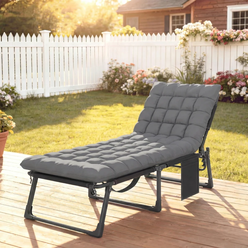 Outsunny 75 cm Wide Folding Chaise Lounge Chair Outdoor Tanning Chair, Camping Cot with Cushion, Side Pocket, Dark Grey