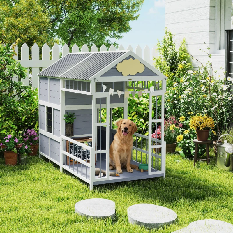 PawHut 79"L Large Dog House Outdoor, Wooden Dog Kennel with Porch, Storage Cabinet,Weatherproof Roof, Windows