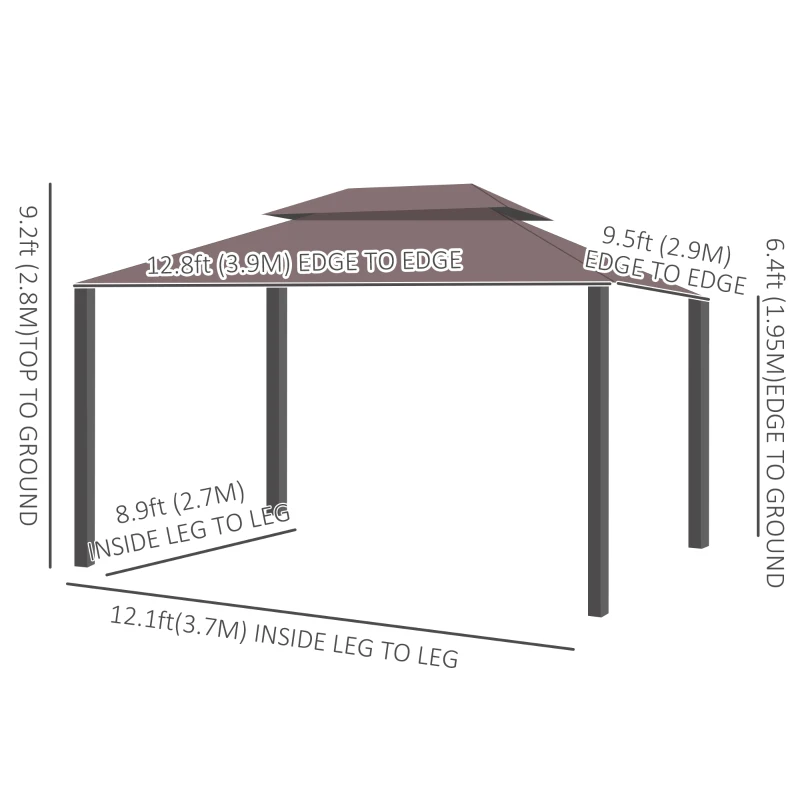 Outsunny 10 x 13ft Aluminum Frame Gazebo Canopy Double Tier Garden Shelter with Netting and Curtains, Coffee