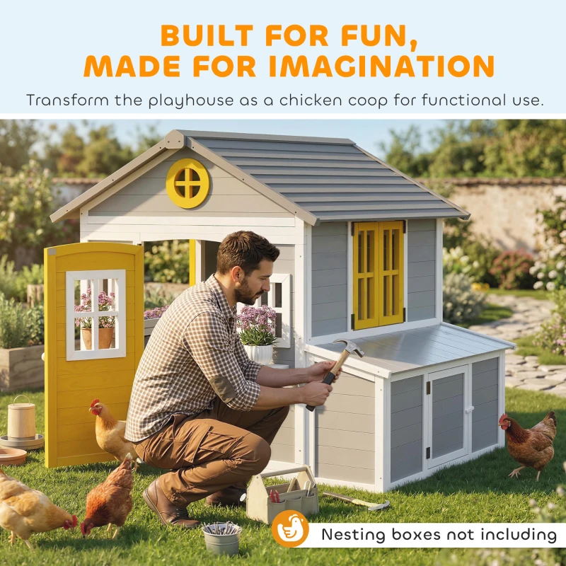 Outsunny Wooden Playhouse for Kids Outdoor with Doors, Windows, Planter Pots and Boxes for Toddlers 3-8 Years, Gray