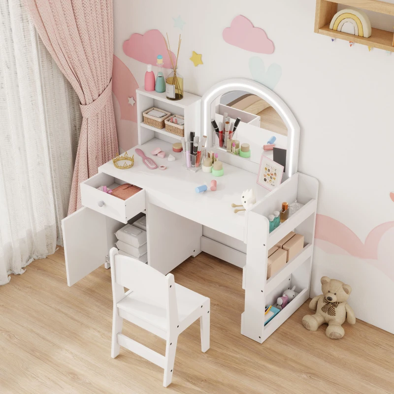 Qaba Kids Vanity Set, Toddler Dressing Table and Chair Set  with Lighted Mirror, Cabinet, Drawer and Shelves, White