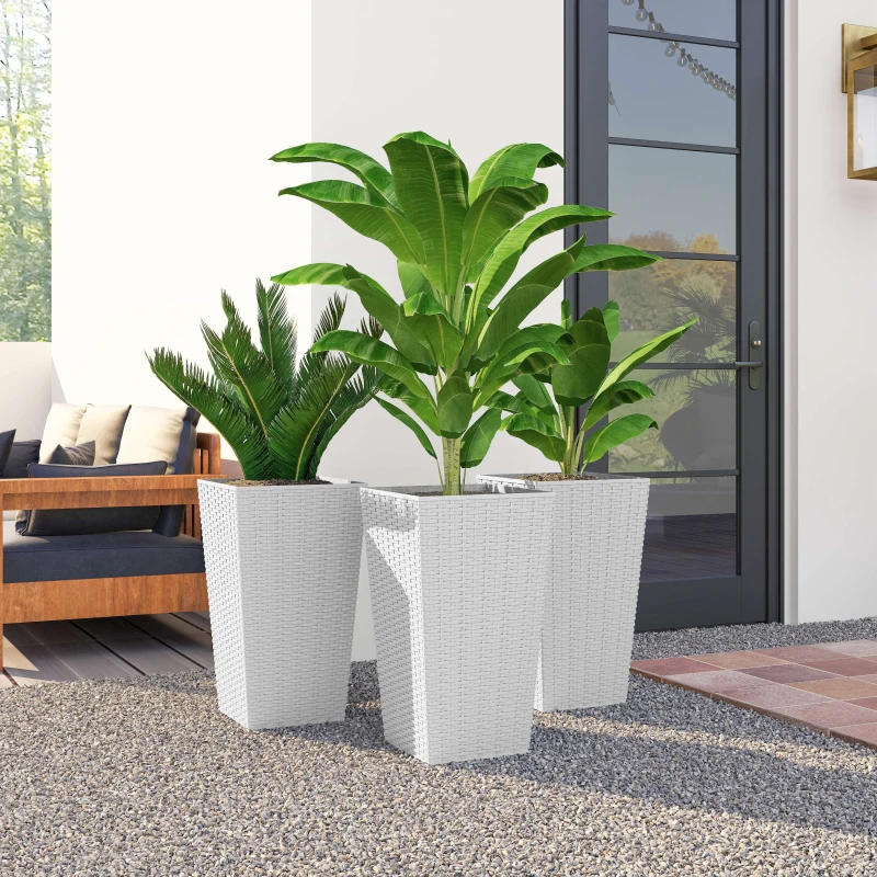 Outsunny Tall Planters for Outdoor Plants Set of 3, 24 In Taper Planters with Drainage Holes, Rattan Decor Plant Pots, White