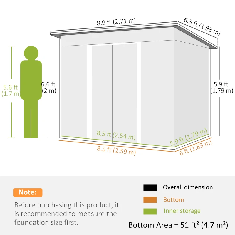 Outsunny 9' x 6.5' Outdoor Metal Garden Shed Utility Tool Storage Steel Backyard Storage House, Light Grey